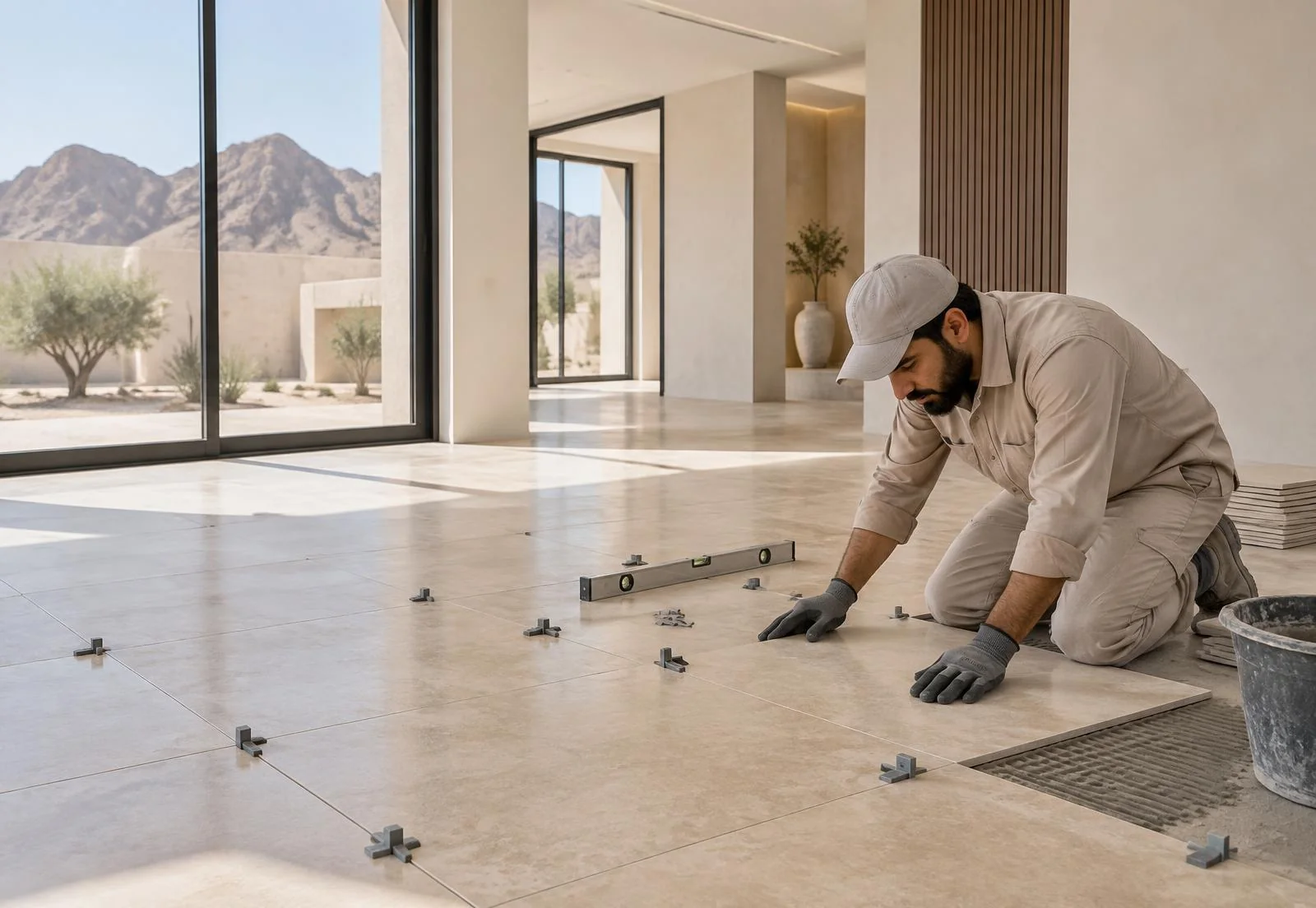 فني يركب بلاط بورسلان بعناية داخل منزل حديث في تبوك